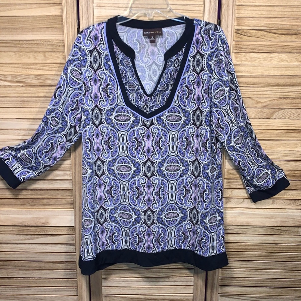 Dana Buchman Womens Long Sleeve Purple Black Paisley Blouse Large Too Blouse